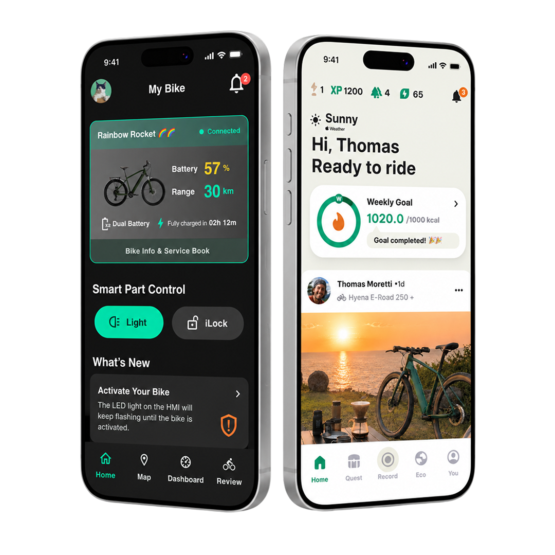 Hyena app and Flex app screens side by side.